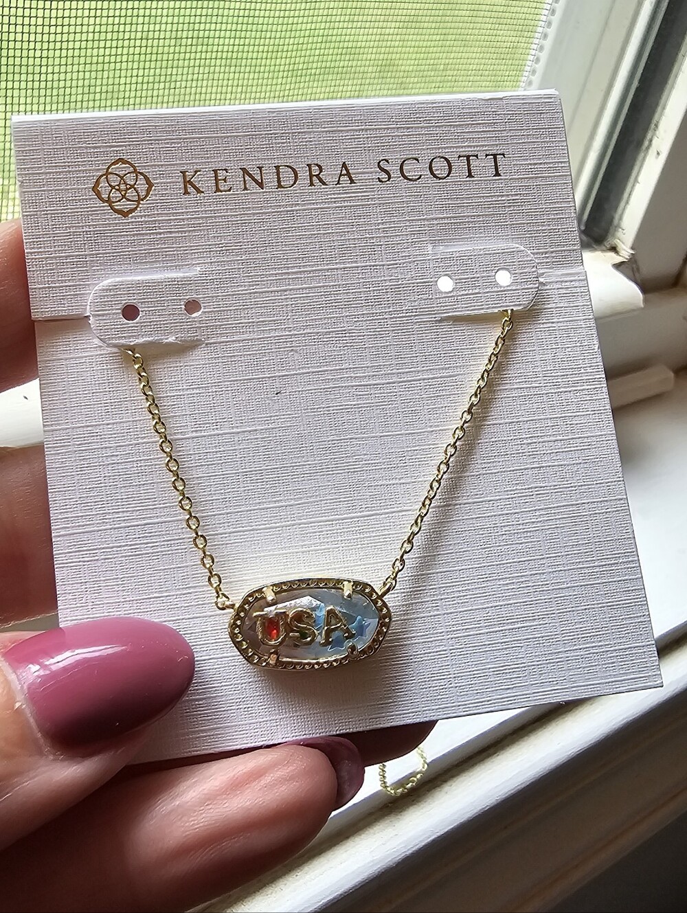 Kendra Scott Gold Necklace with Pink and Blue USA Pendant
